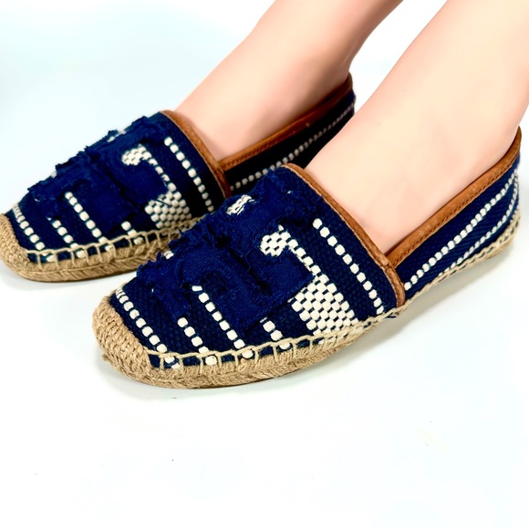 Tory Burch Shaw Espadrille Raffia Shoes Blue and Tan Size 8.5 - Picture 4 of 13